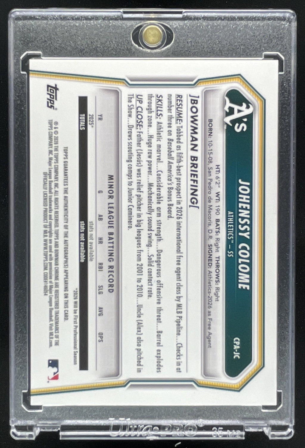 2026 Bowman Chrome Prospects Gold Mini-Diamond #JC Johenssy Colome RC Auto /50 product image 2, provided for visual
