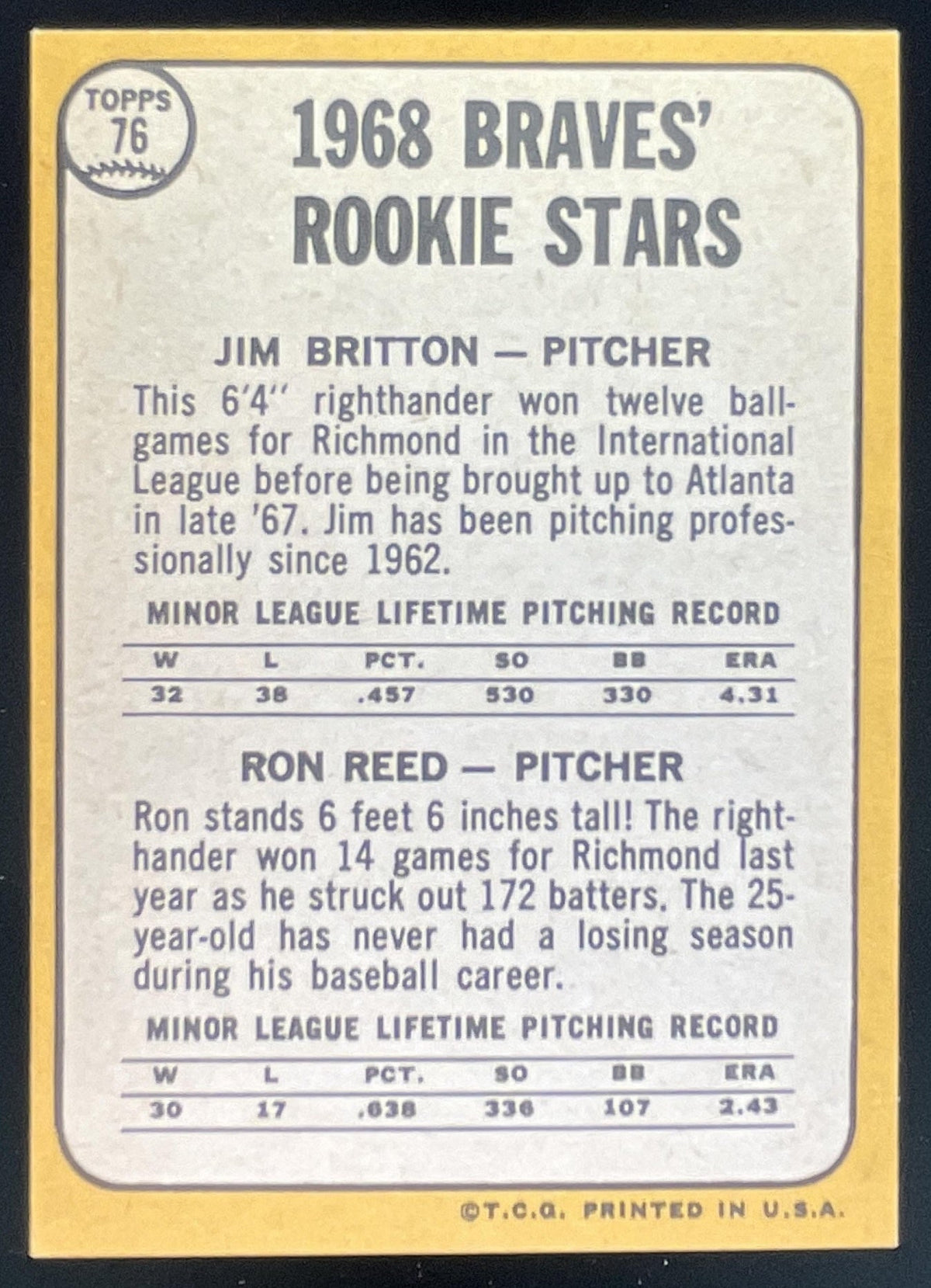 1968 Topps #76 Braves 1968 Rookie Stars Jim Britton Ron Reed RS, RC product image 2, provided for visual reference and