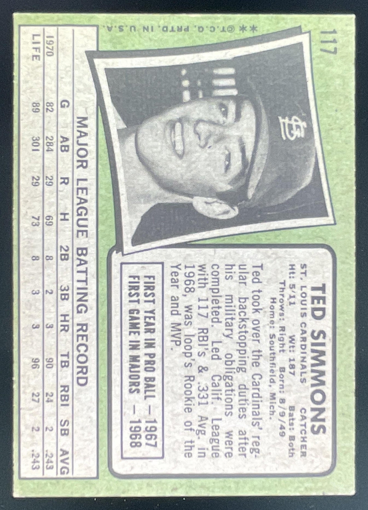 1971 Topps #117 Ted Simmons RC product image 2, provided for visual reference and product detail review