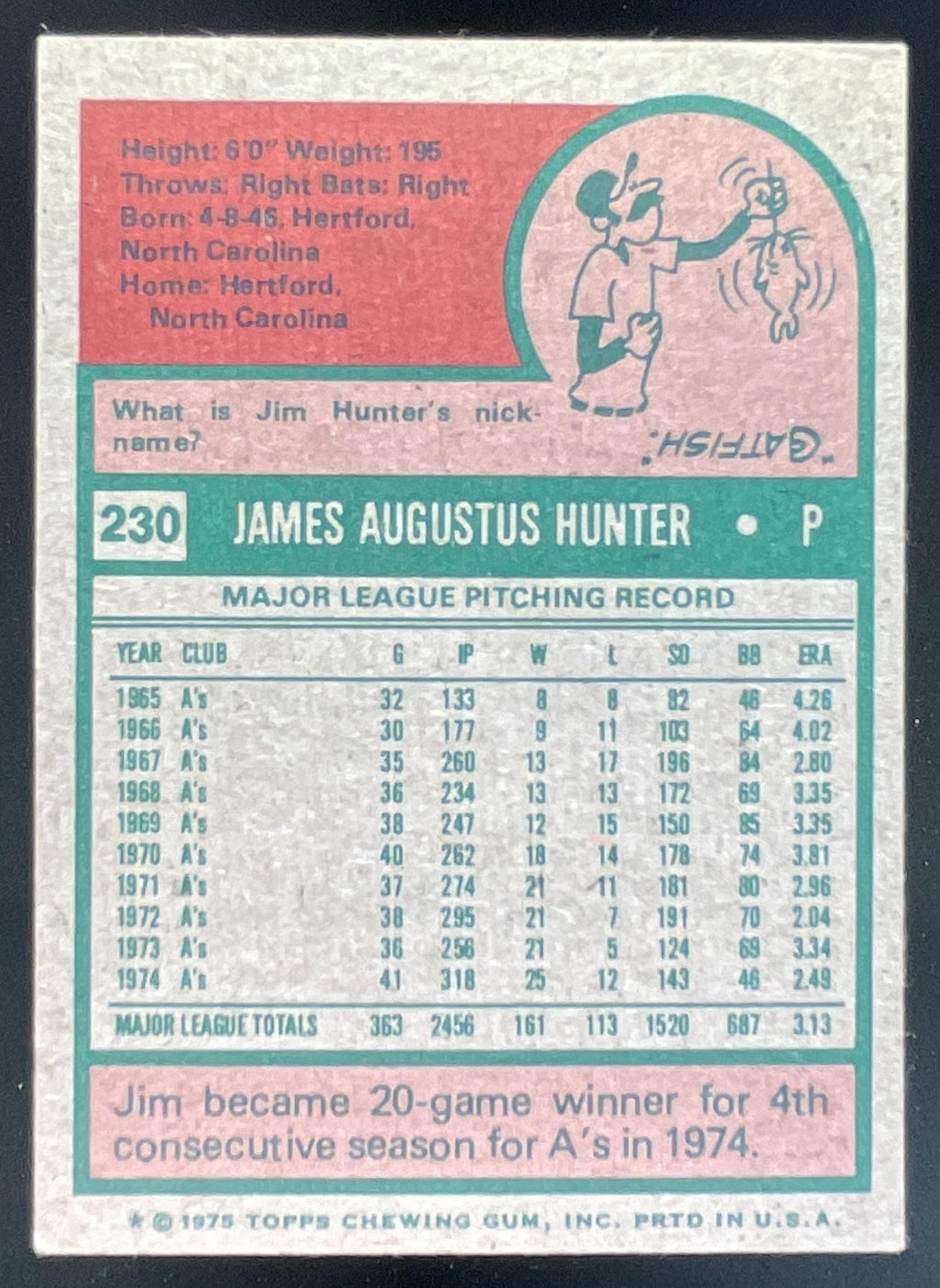 1975 Topps #230 Jim Hunter product image 2, provided for visual reference and product detail review