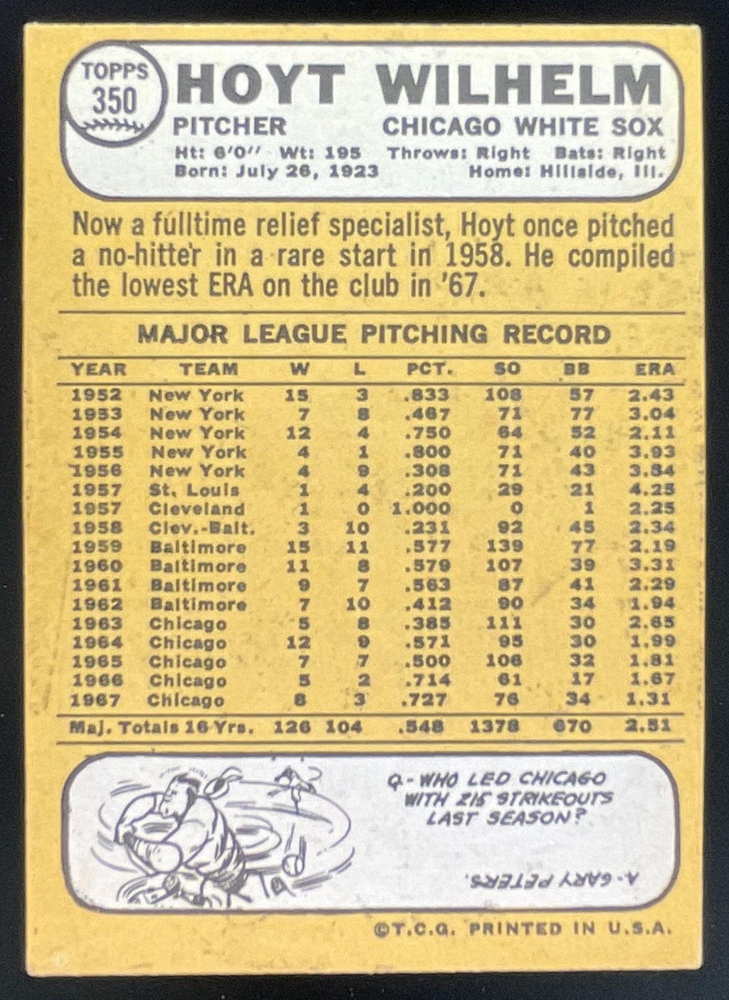 1968 Topps #350 Hoyt Wilhelm product image 2, provided for visual reference and product detail review