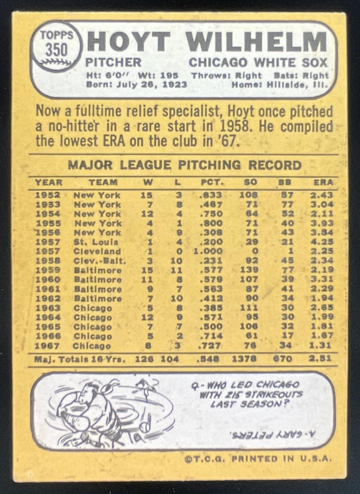 1968 Topps #350 Hoyt Wilhelm product image 2, provided for visual reference and product detail review