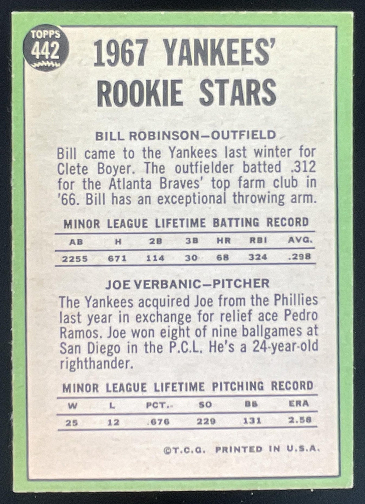 1967 Topps #442 Yankees 1967 Rookie Stars Bill Robinson Joe Verbanic RS, RC product image 2, provided for visual reference