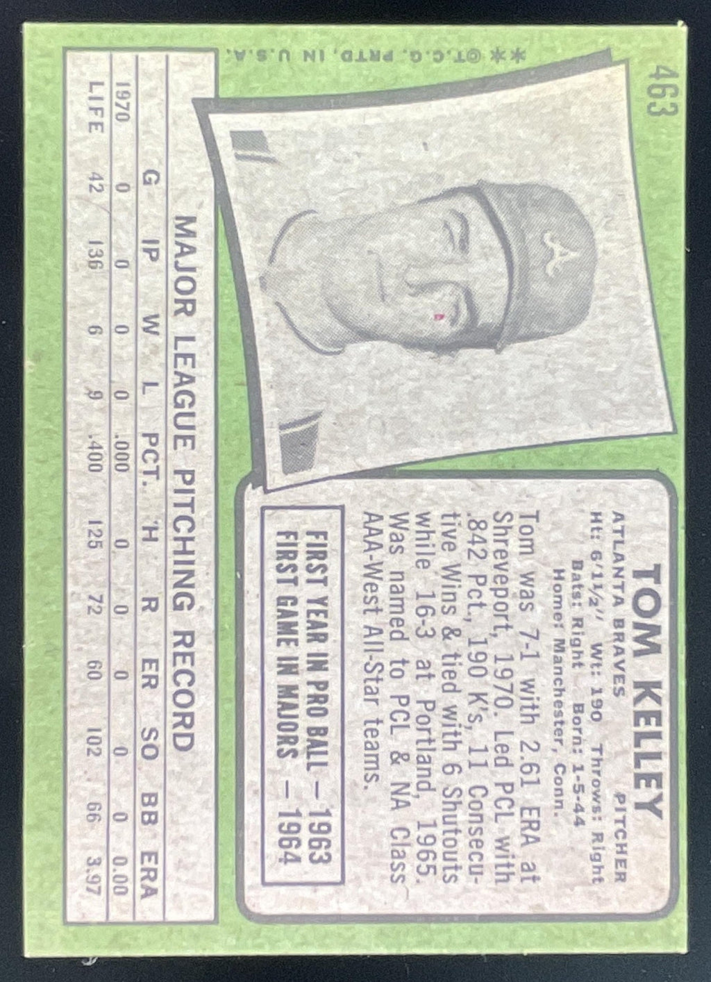 1971 Topps #463 Tom Kelley product image 2, provided for visual reference and product detail review