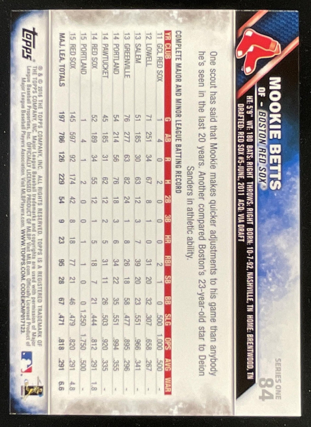 2016 Topps #84 Mookie Betts product image 2, provided for visual reference and product detail review