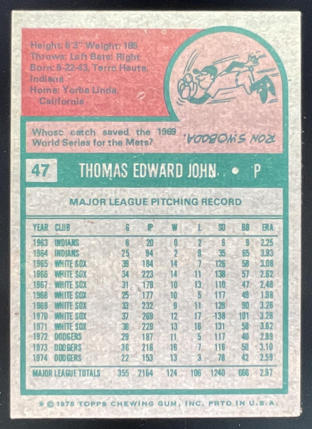 1975 Topps #47 Tommy John product image 2, provided for visual reference and product detail review