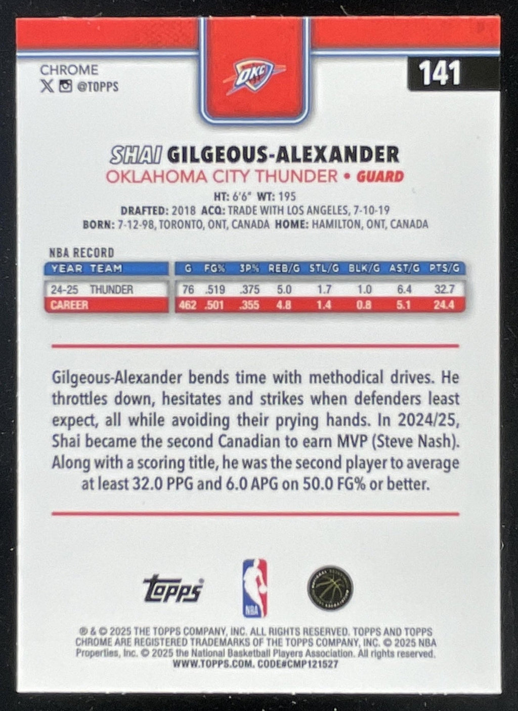 2025-26 Topps Chrome #141 Shai Gilgeous-Alexander product image 2, provided for visual reference and product detail review