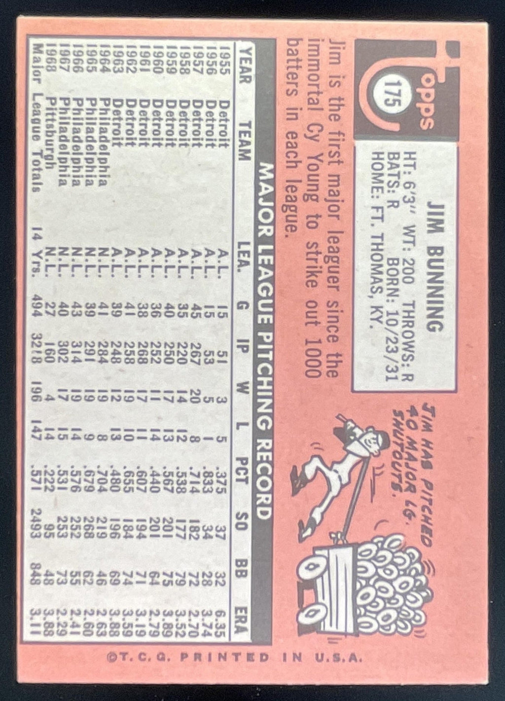 1969 Topps #175 Jim Bunning product image 2, provided for visual reference and product detail review