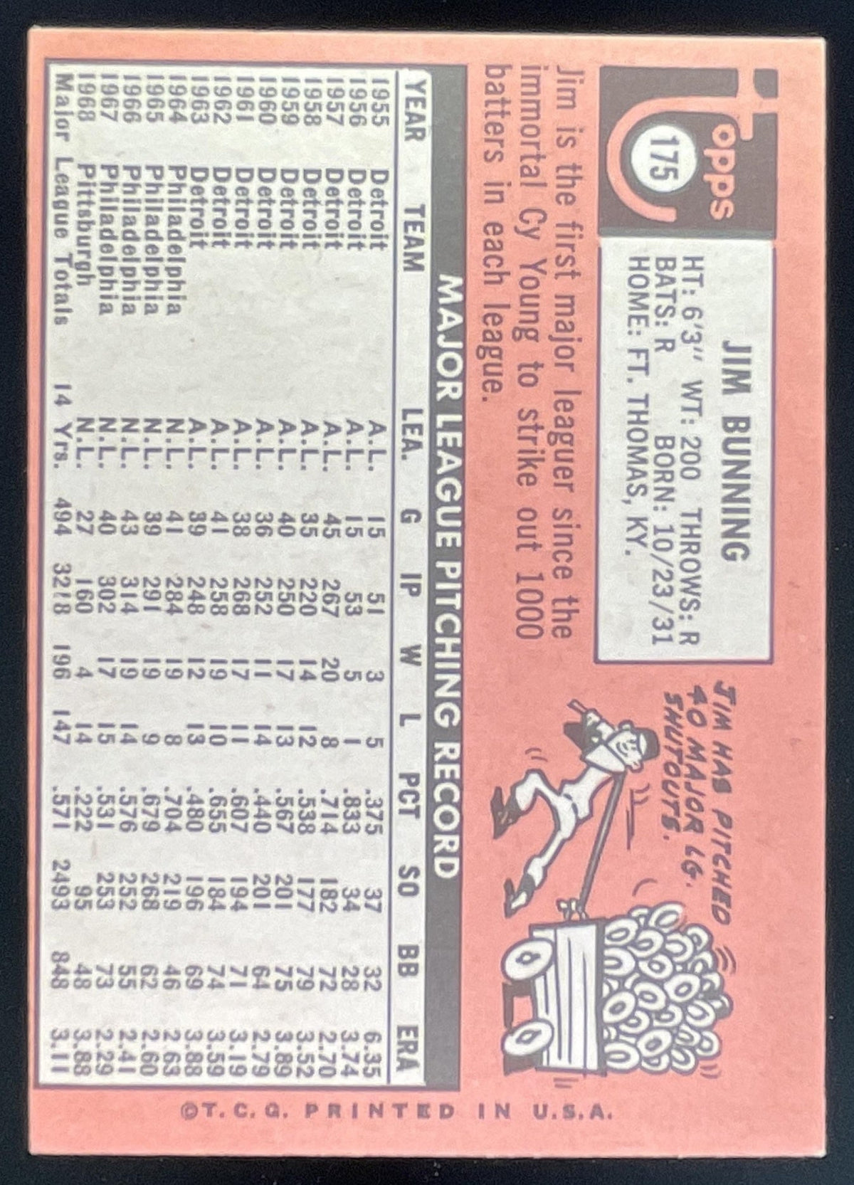 1969 Topps #175 Jim Bunning product image 2, provided for visual reference and product detail review