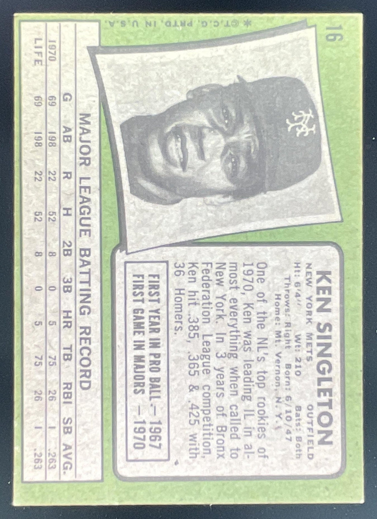 1971 Topps #16 Ken Singleton RC product image 2, provided for visual reference and product detail review