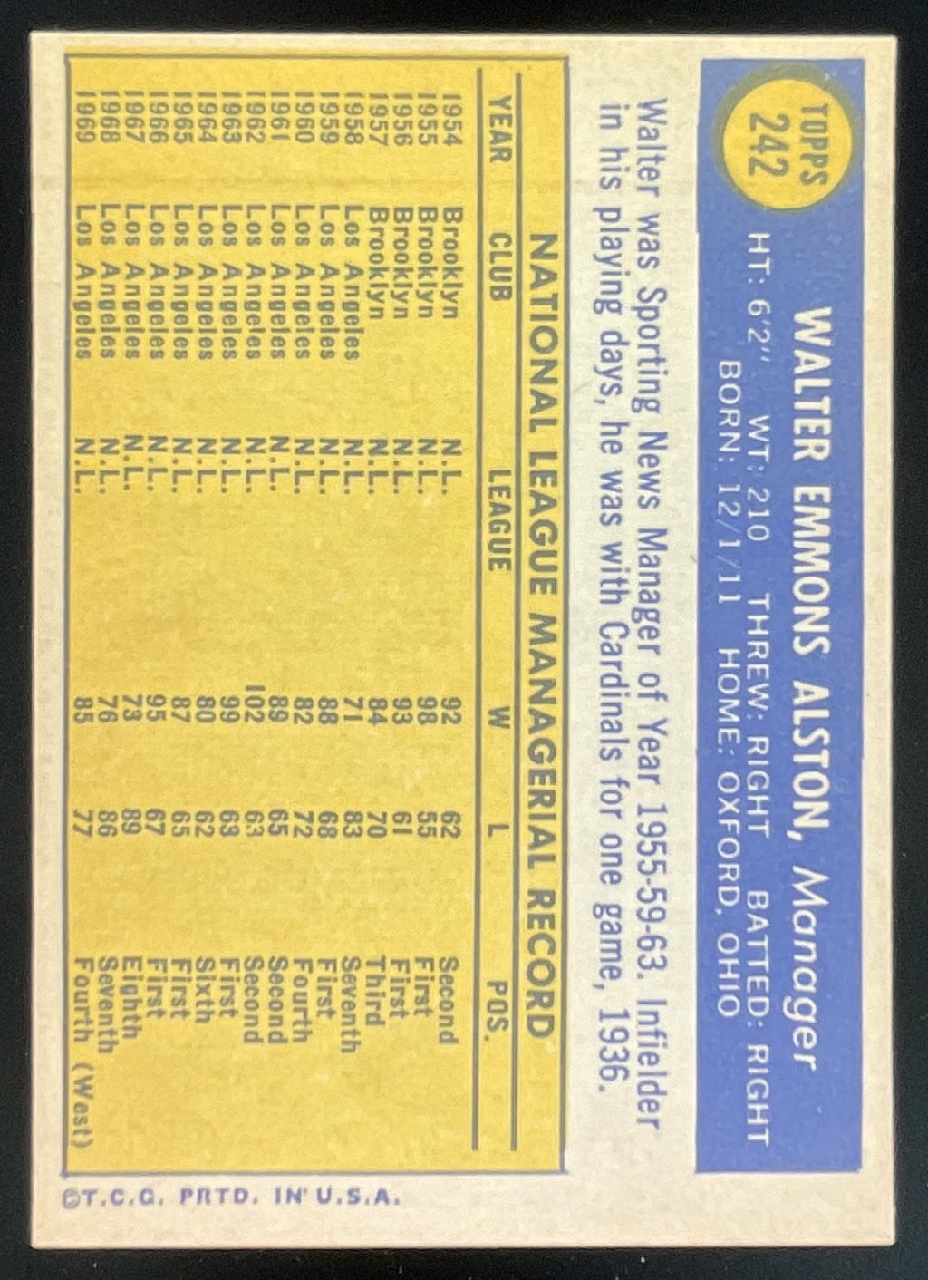 1970 Topps #242 Walter Alston product image 2, provided for visual reference and product detail review