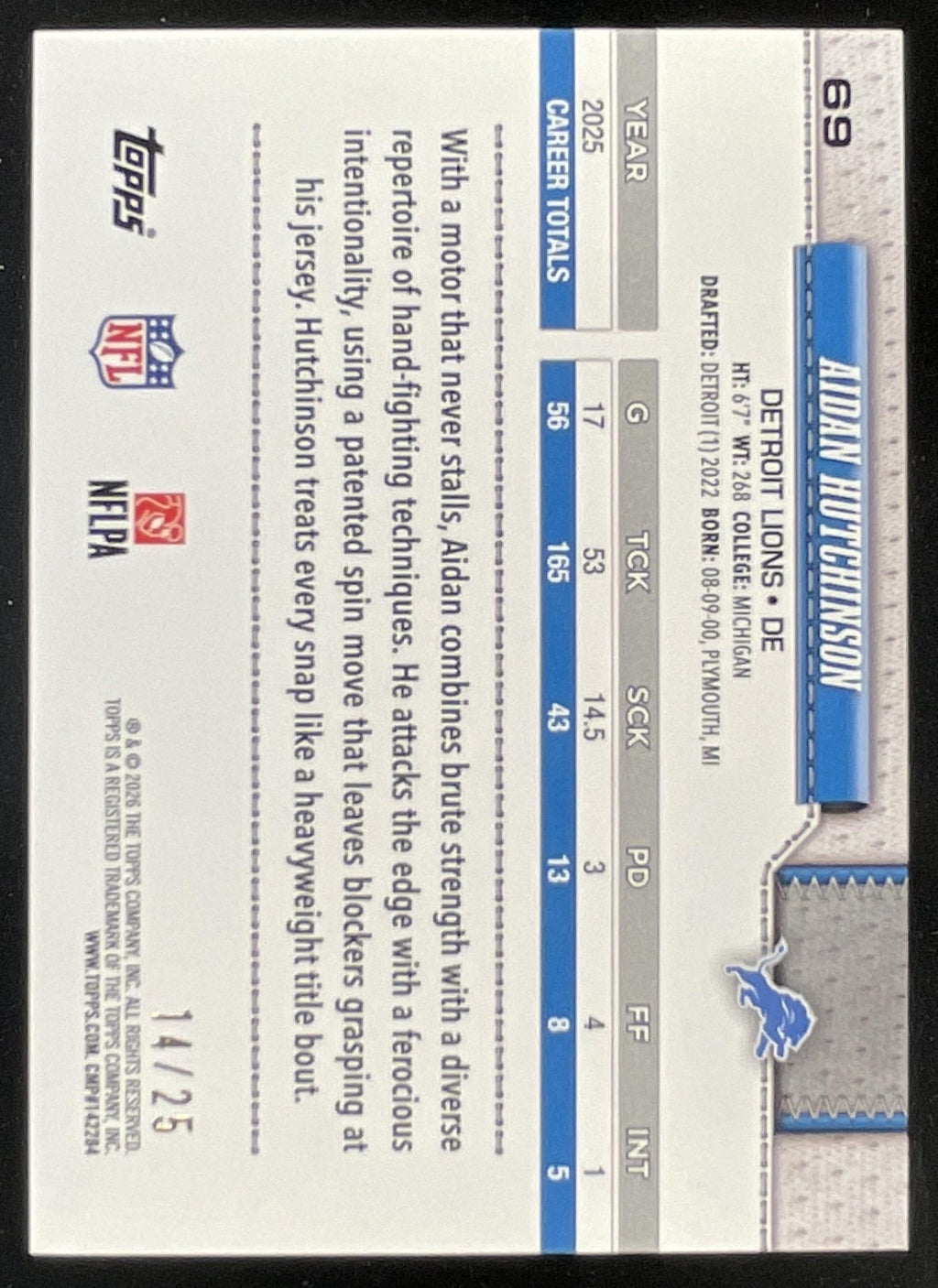 2026 Topps Orange Rainbow Foil #69 Aidan Hutchinson /25 product image 2, provided for visual reference and product detail