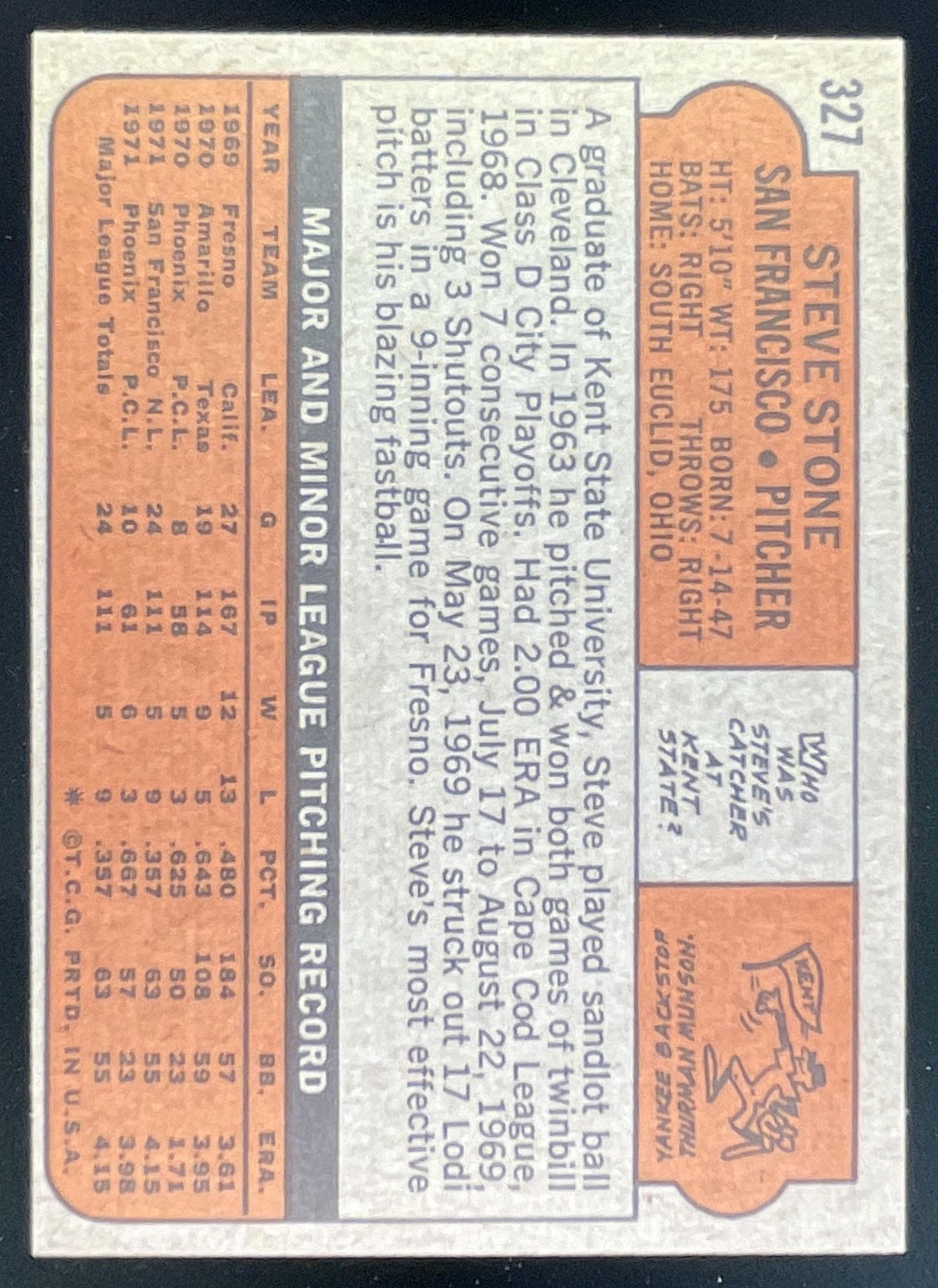 1972 Topps #327 Steve Stone RC product image 2, provided for visual reference and product detail review