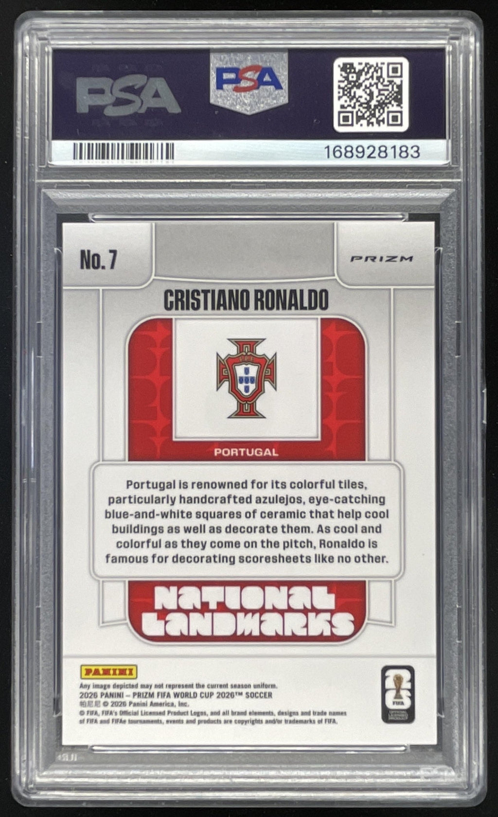 2026 Panini Prizm World Cup National Landmarks #7 Cristiano Ronaldo SSP PSA 10 product image 2, provided for visual