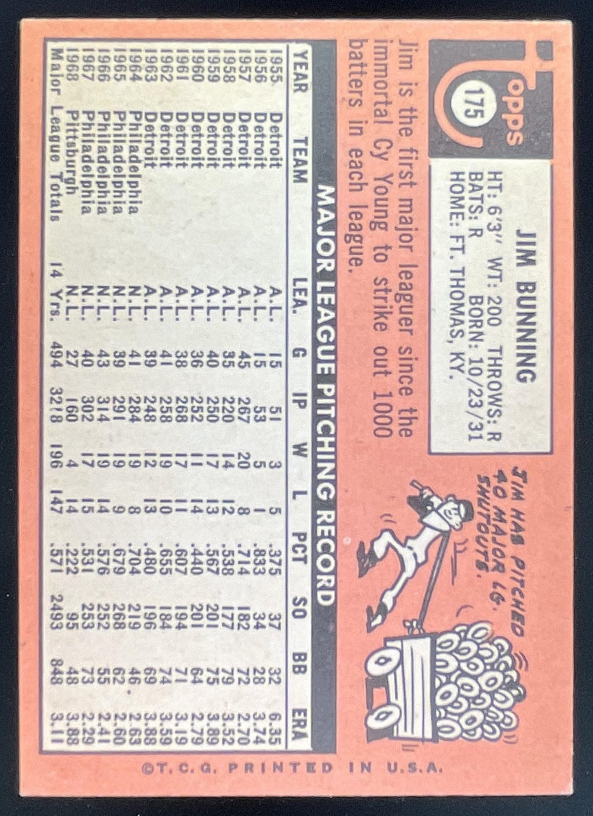 1969 Topps #175 Jim Bunning product image 2, provided for visual reference and product detail review