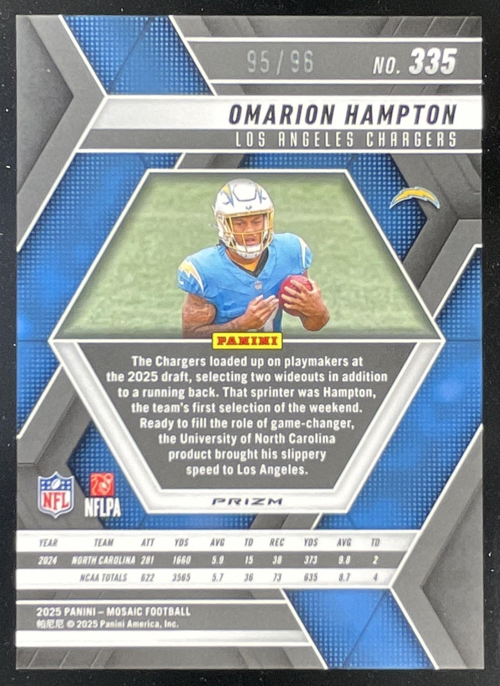 2025 Panini Mosaic Rookies Blue Sparkle Prizm #335 Omarion Hampton RC /96 product image 2, provided for visual reference and