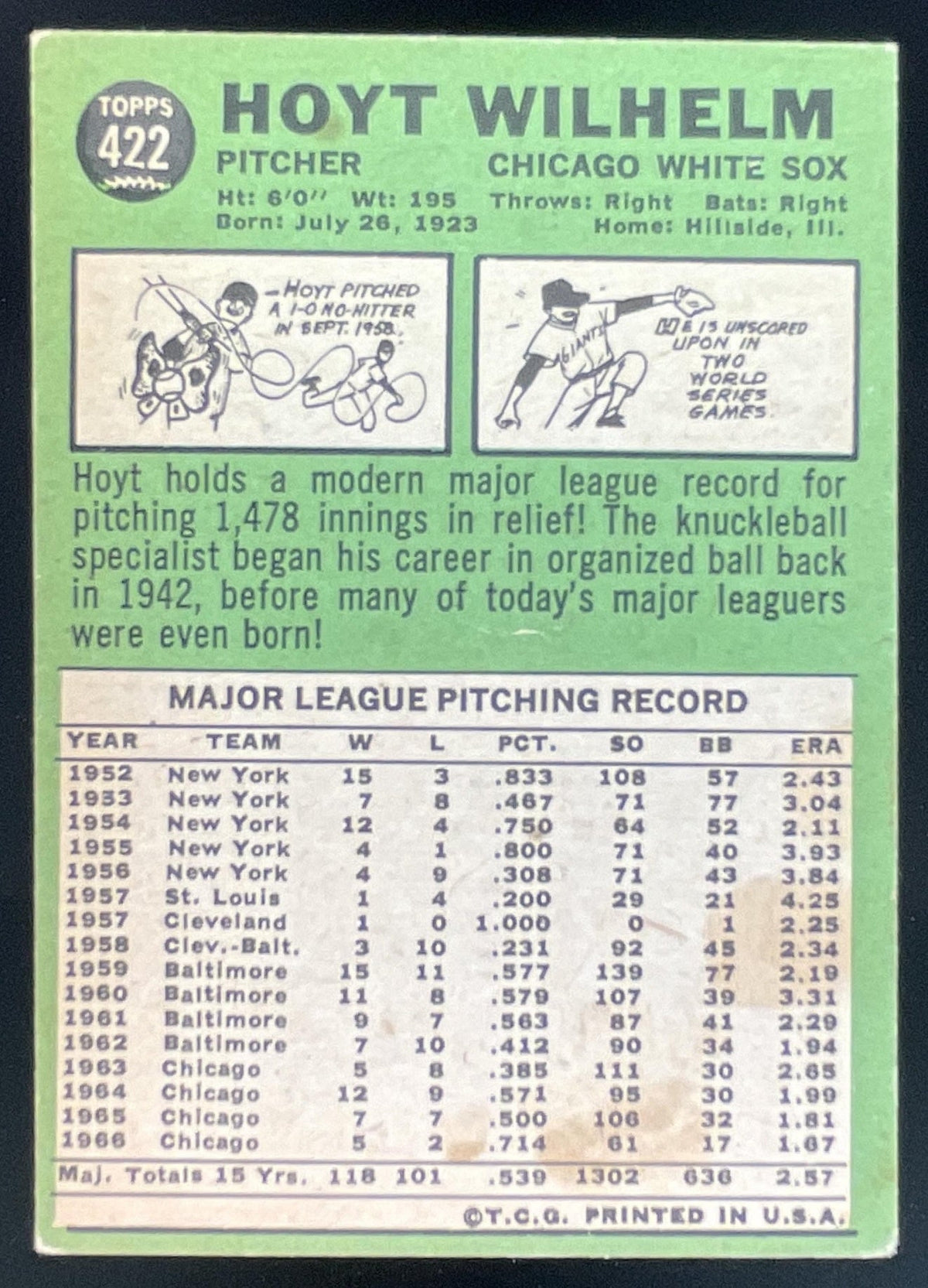 1967 Topps #422 Hoyt Wilhelm product image 2, provided for visual reference and product detail review