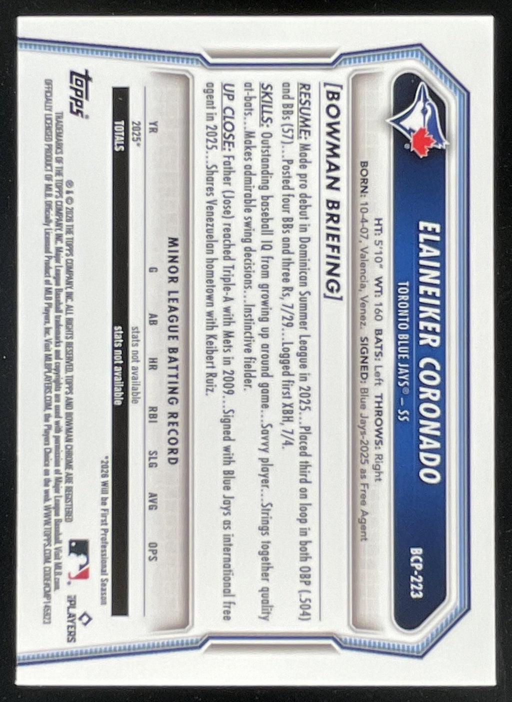2026 Bowman Chrome Prospects Blue Refractor #BCP-223 Elaineiker Coronado RC /150 product image 2, provided for visual