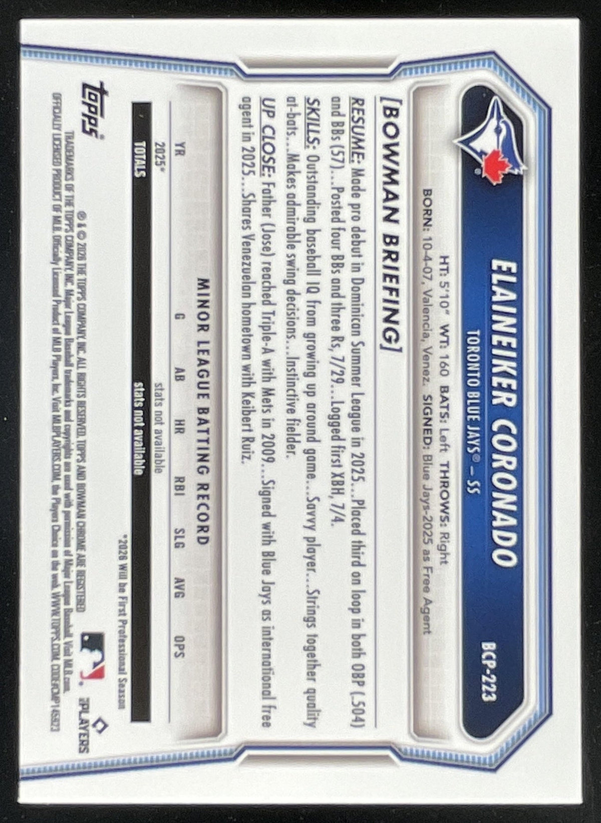2026 Bowman Chrome Prospects Blue Refractor #BCP-223 Elaineiker Coronado RC /150 product image 2, provided for visual