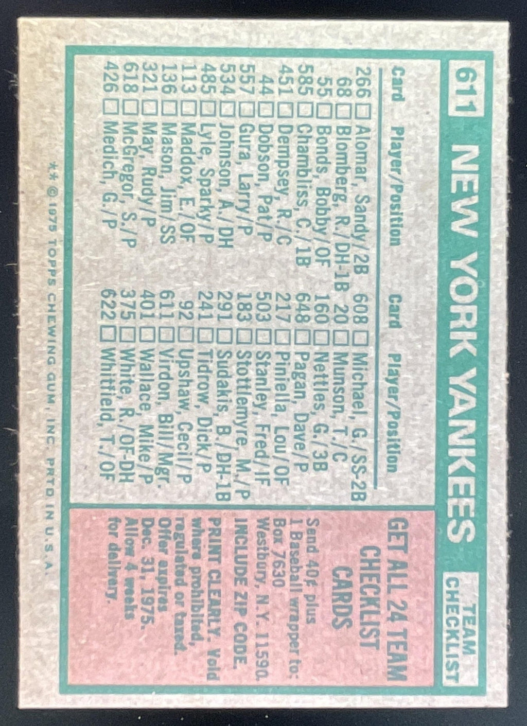 1975 Topps Team Checklists Gray Backs #611 New York Yankees Bill Virdon product image 2, provided for visual reference and
