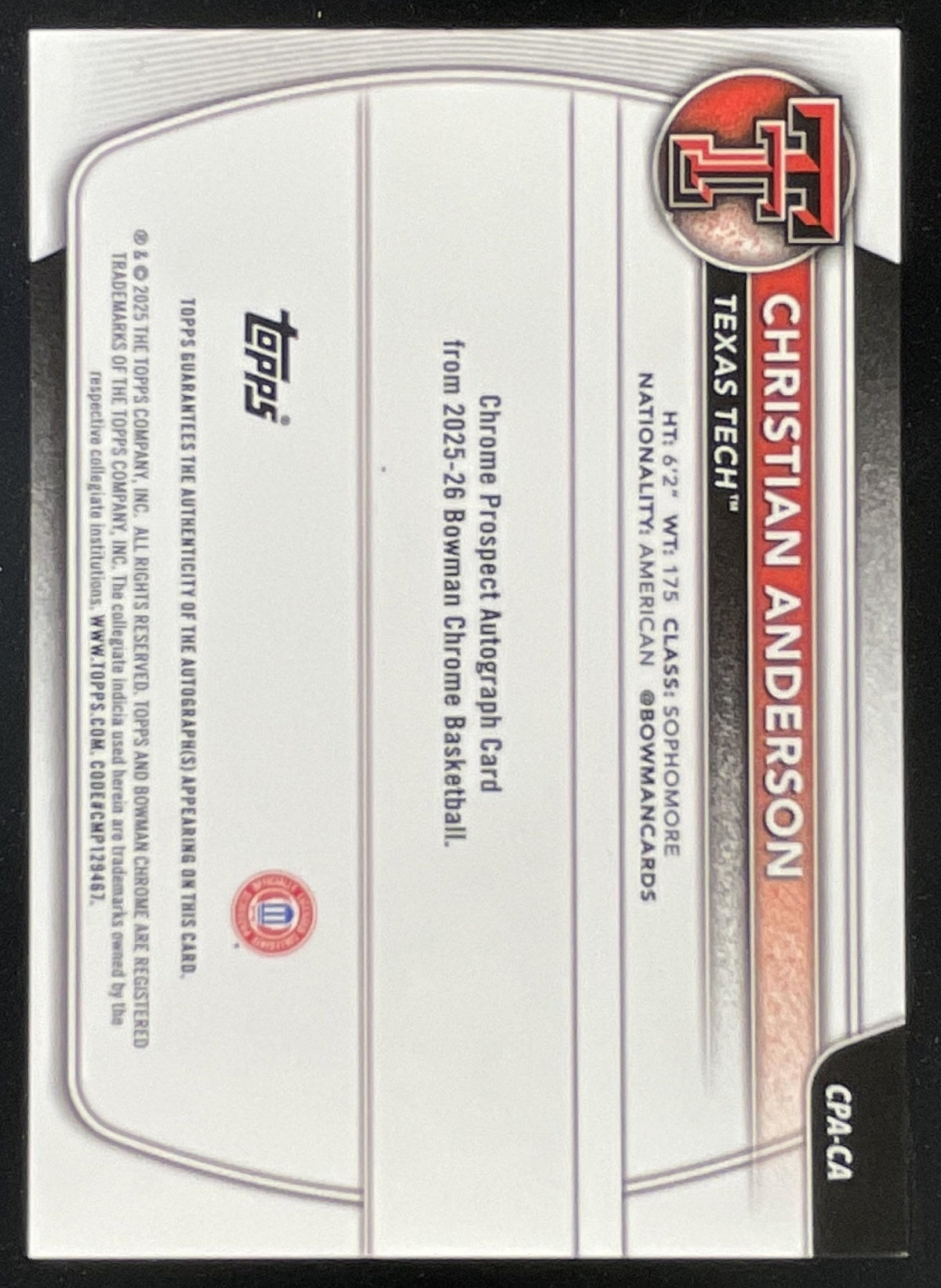 2025-26 Bowman Chrome Prospect Purple #CPA-CA Christian Anderson RC Auto /250 product image 2, provided for visual reference
