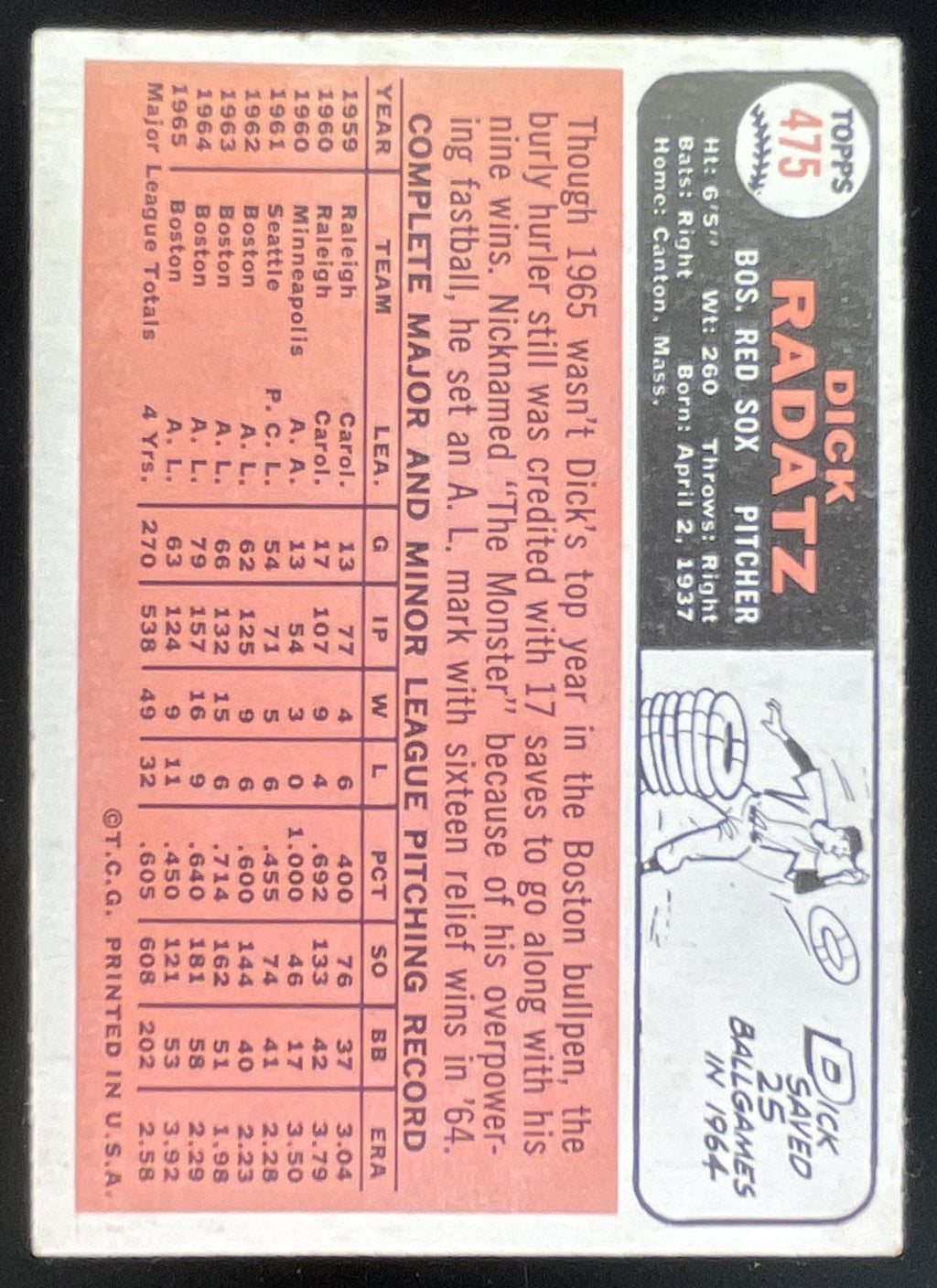 1966 Topps #475 Dick Radatz product image 2, provided for visual reference and product detail review