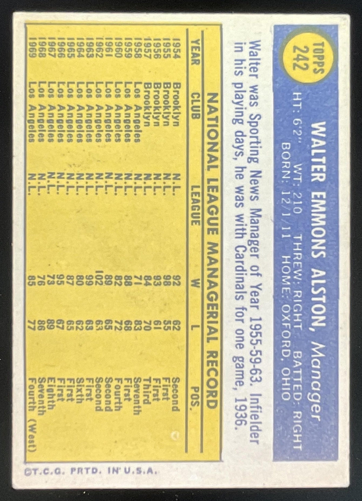 1970 Topps #242 Walter Alston product image 2, provided for visual reference and product detail review