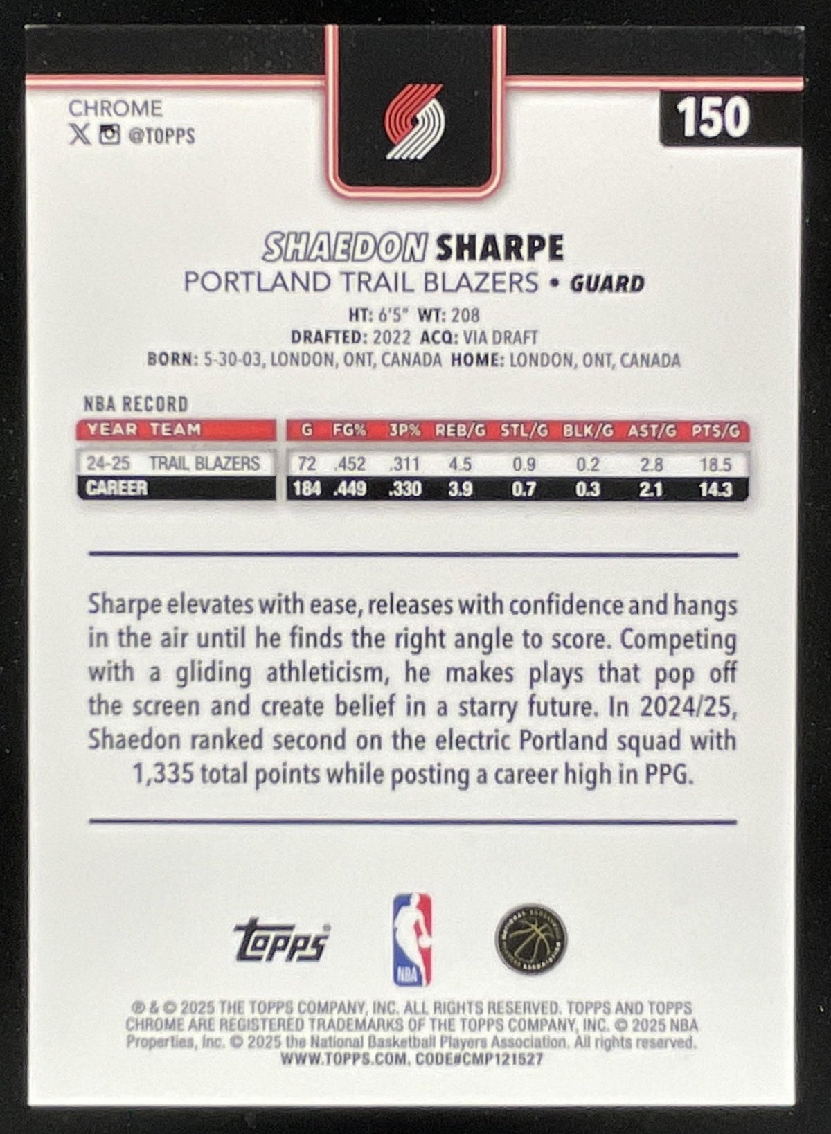 2025-26 Topps Chrome Gold Pulsar Refractor #150 Shaedon Sharpe /50 product image 2, provided for visual reference and