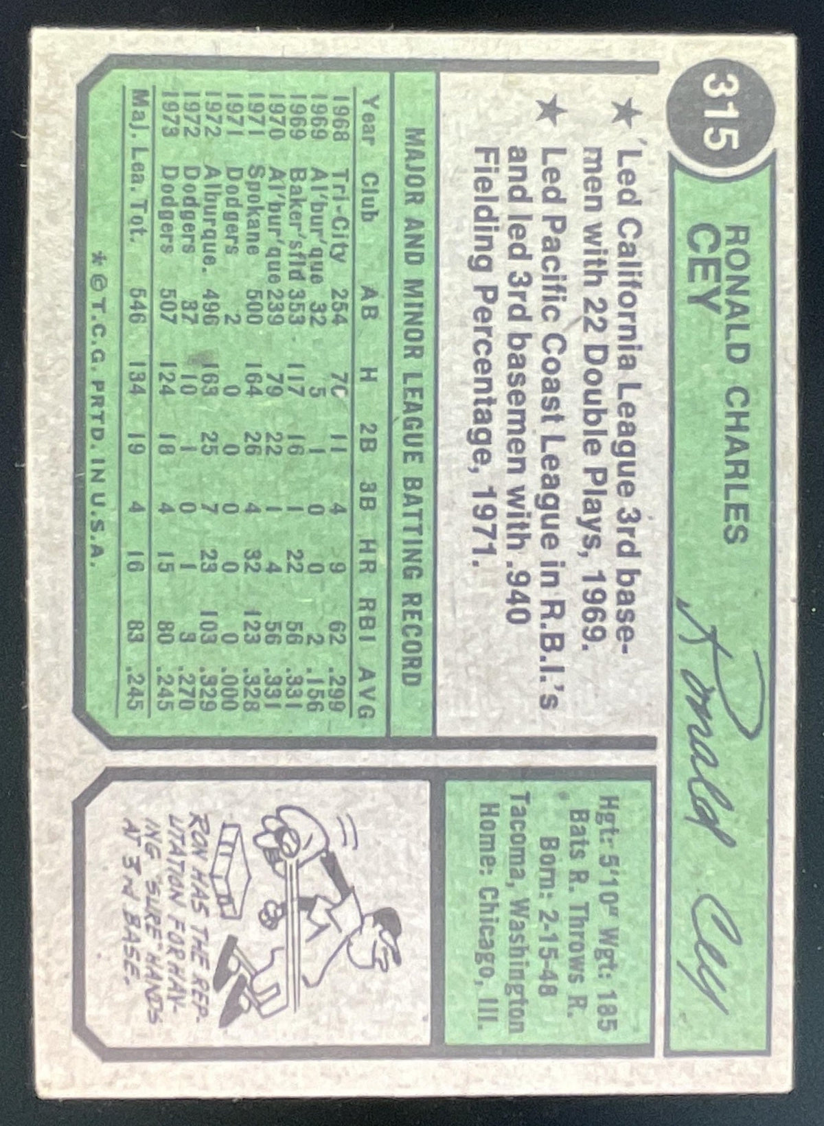 1974 Topps #315 Ron Cey product image 2, provided for visual reference and product detail review