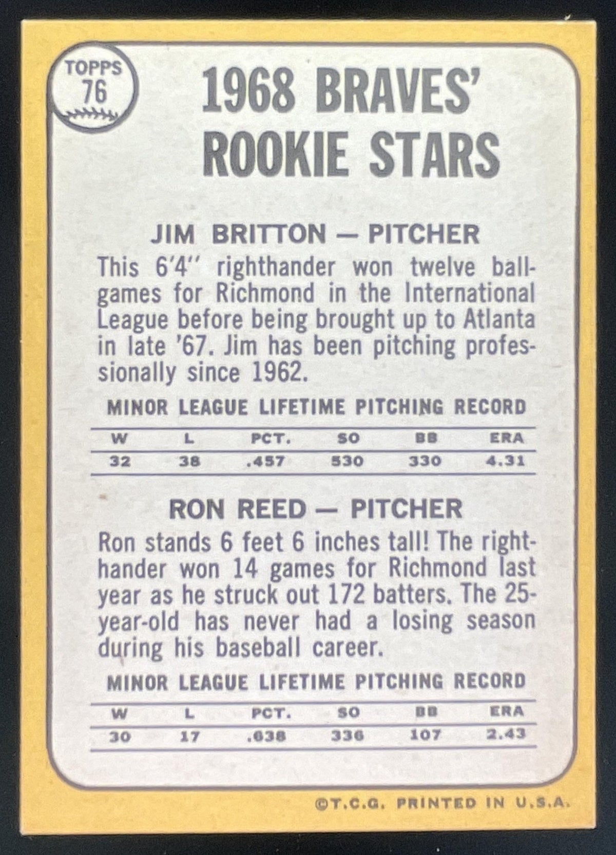 1968 Topps #76 Braves 1968 Rookie Stars Jim Britton Ron Reed RS, RC product image 2, provided for visual reference and