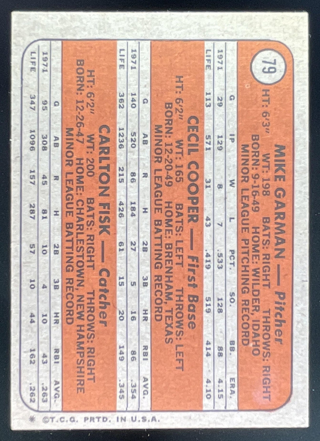 1972 Topps #79 Red Sox Rookie Stars Mike Garman Cecil Cooper Carlton Fisk RC product image 2, provided for visual reference