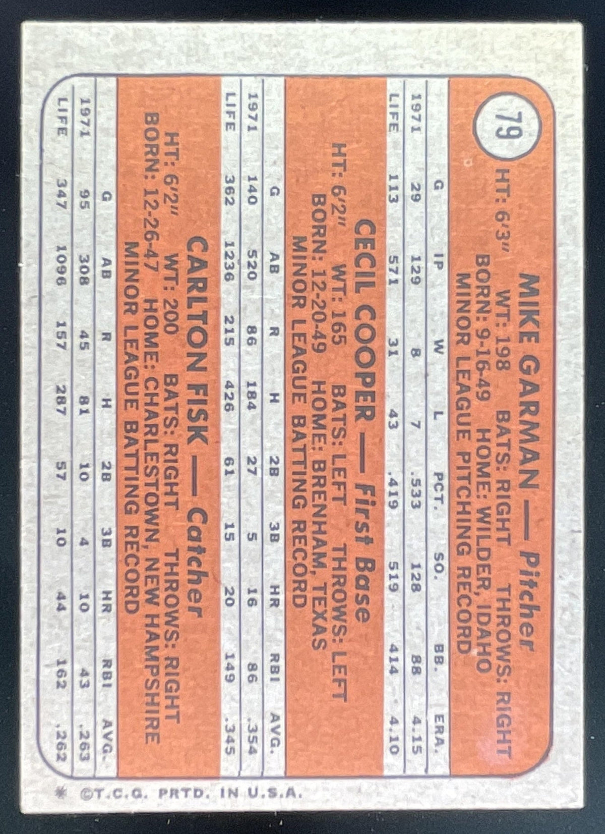 1972 Topps #79 Red Sox Rookie Stars Mike Garman Cecil Cooper Carlton Fisk RC product image 2, provided for visual reference