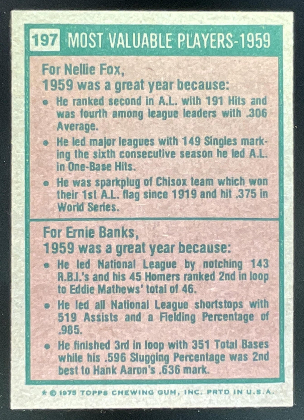 1975 Topps #197 1959s Nellie Fox Ernie Banks MVP product image 2, provided for visual reference and product detail review