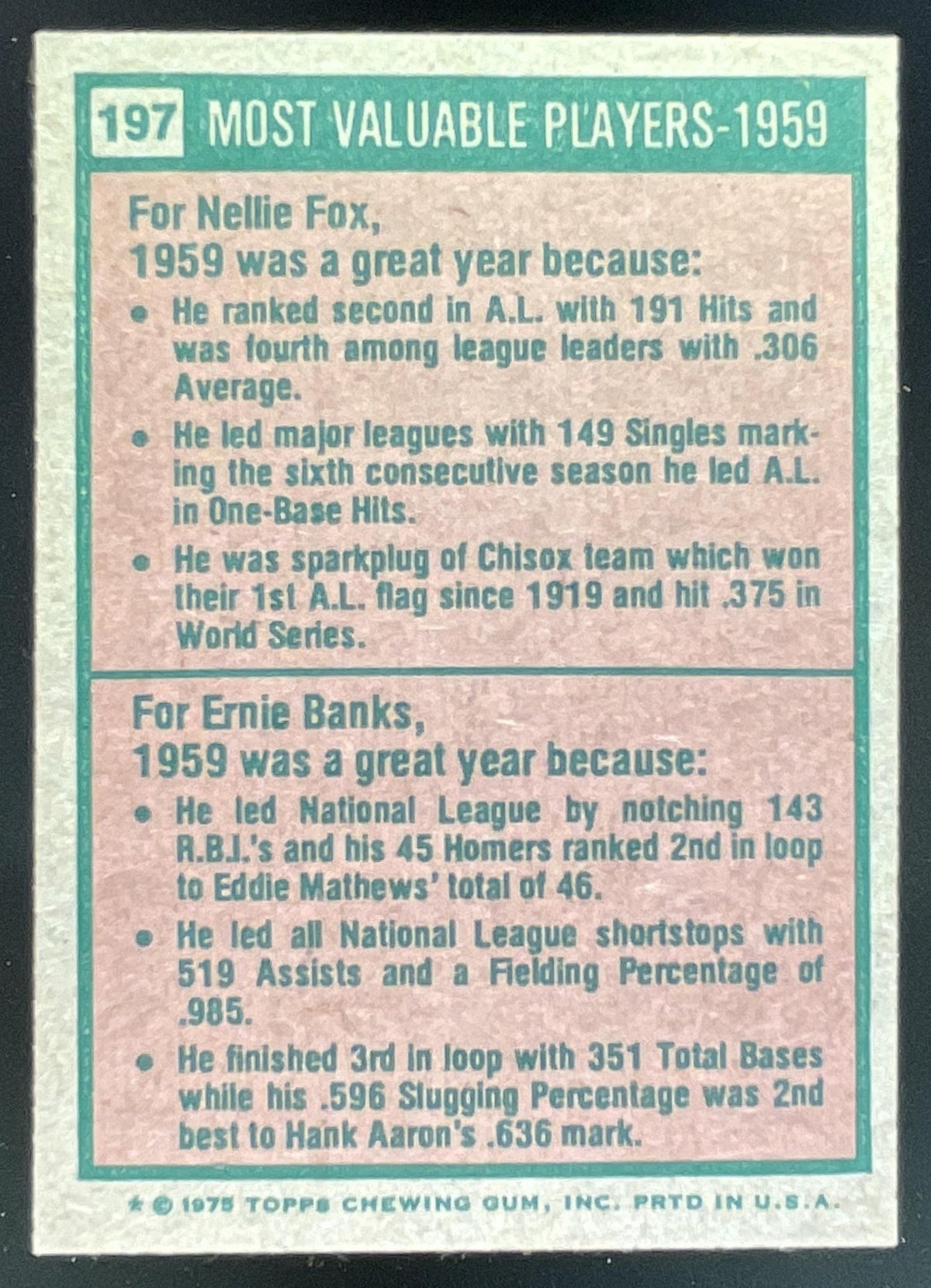 1975 Topps #197 1959s Nellie Fox Ernie Banks MVP product image 2, provided for visual reference and product detail review