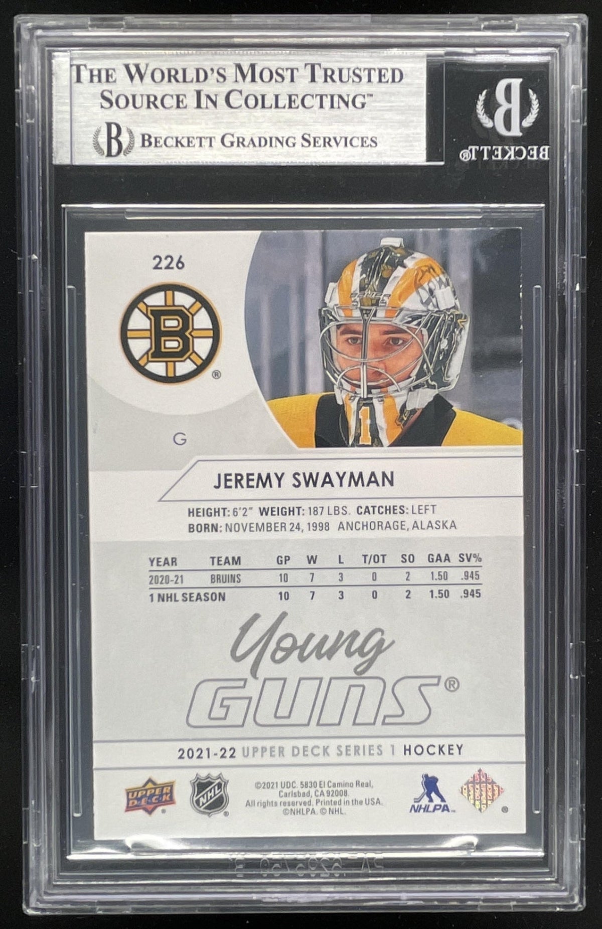 2021-22 Upper Deck #226 Jeremy Swayman Young Guns RC BGS 9 product image 2, provided for visual reference and product detail