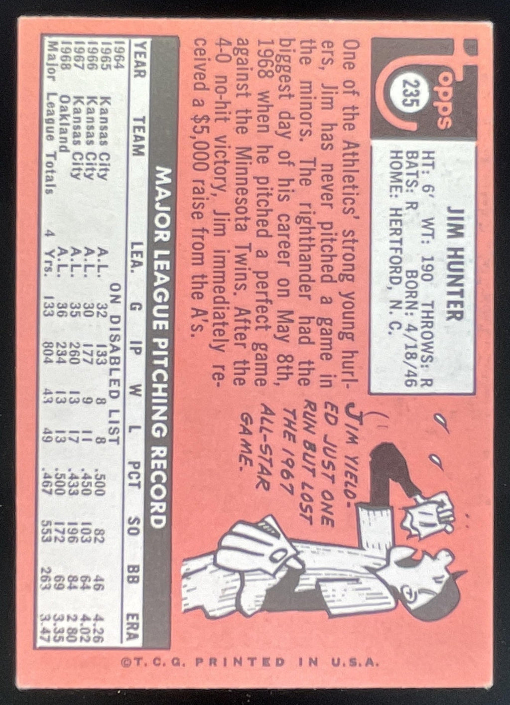 1969 Topps #235 Jim Hunter product image 2, provided for visual reference and product detail review