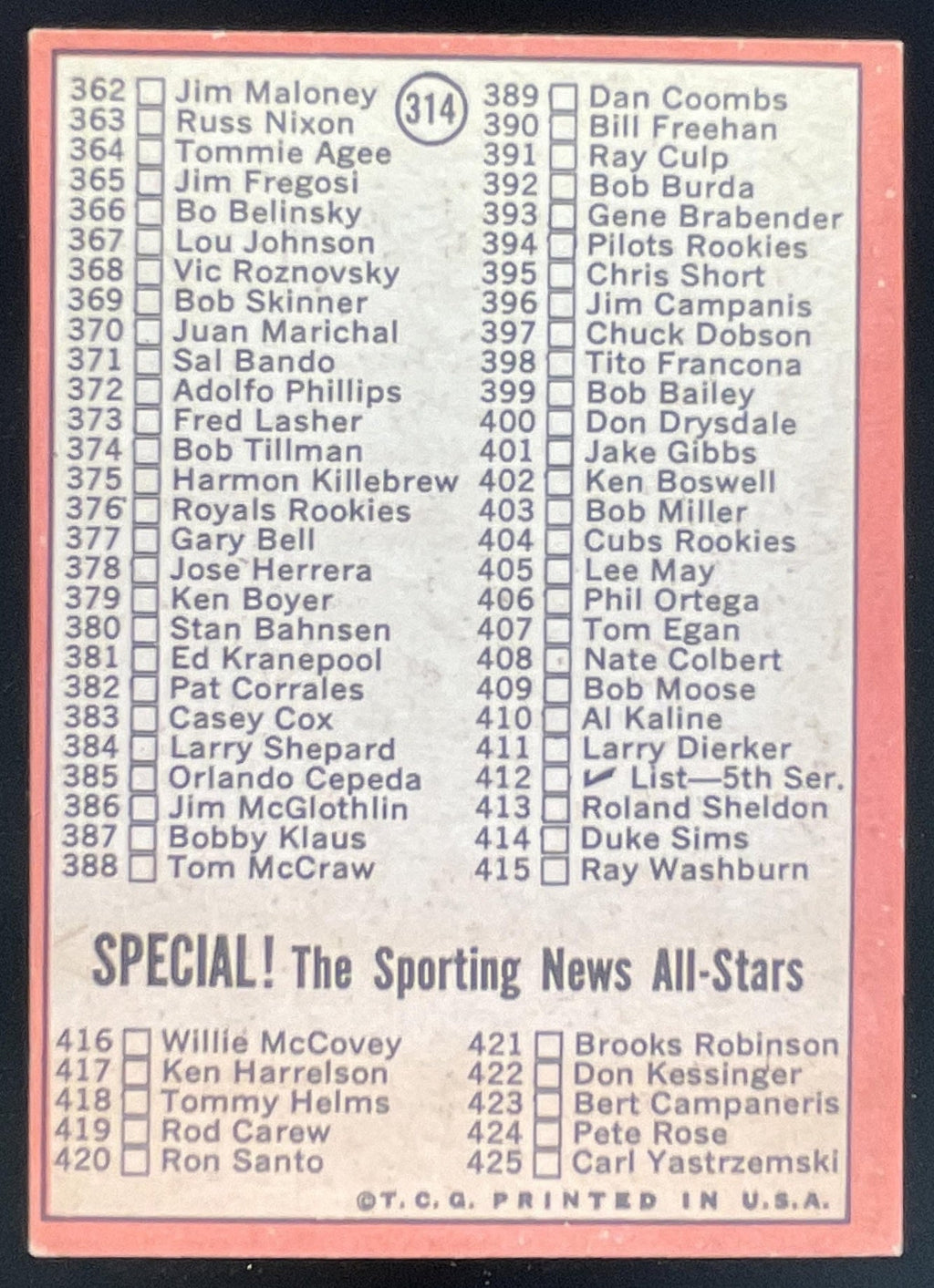1969 Topps #314 4th Series Check List: 328-425 Don Drysdale product image 2, provided for visual reference and product