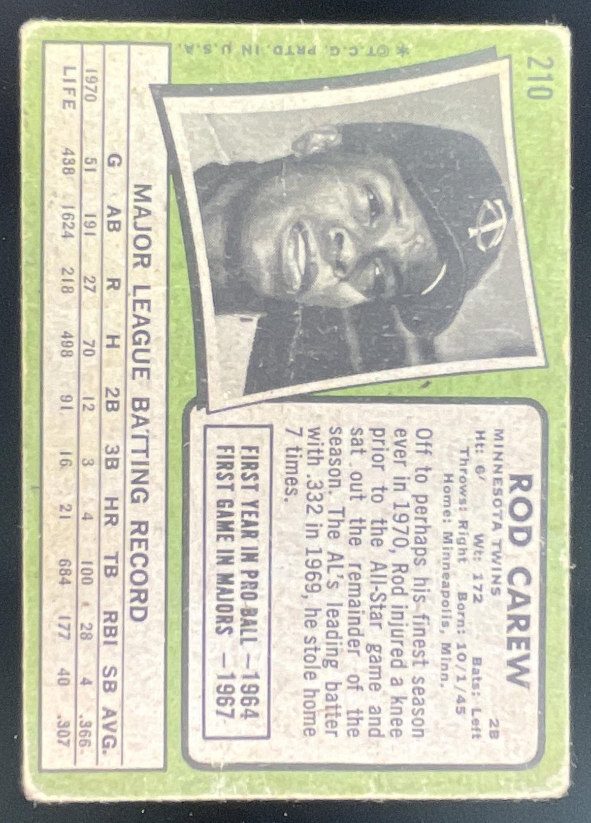 1971 Topps #210 Rod Carew product image 2, provided for visual reference and product detail review