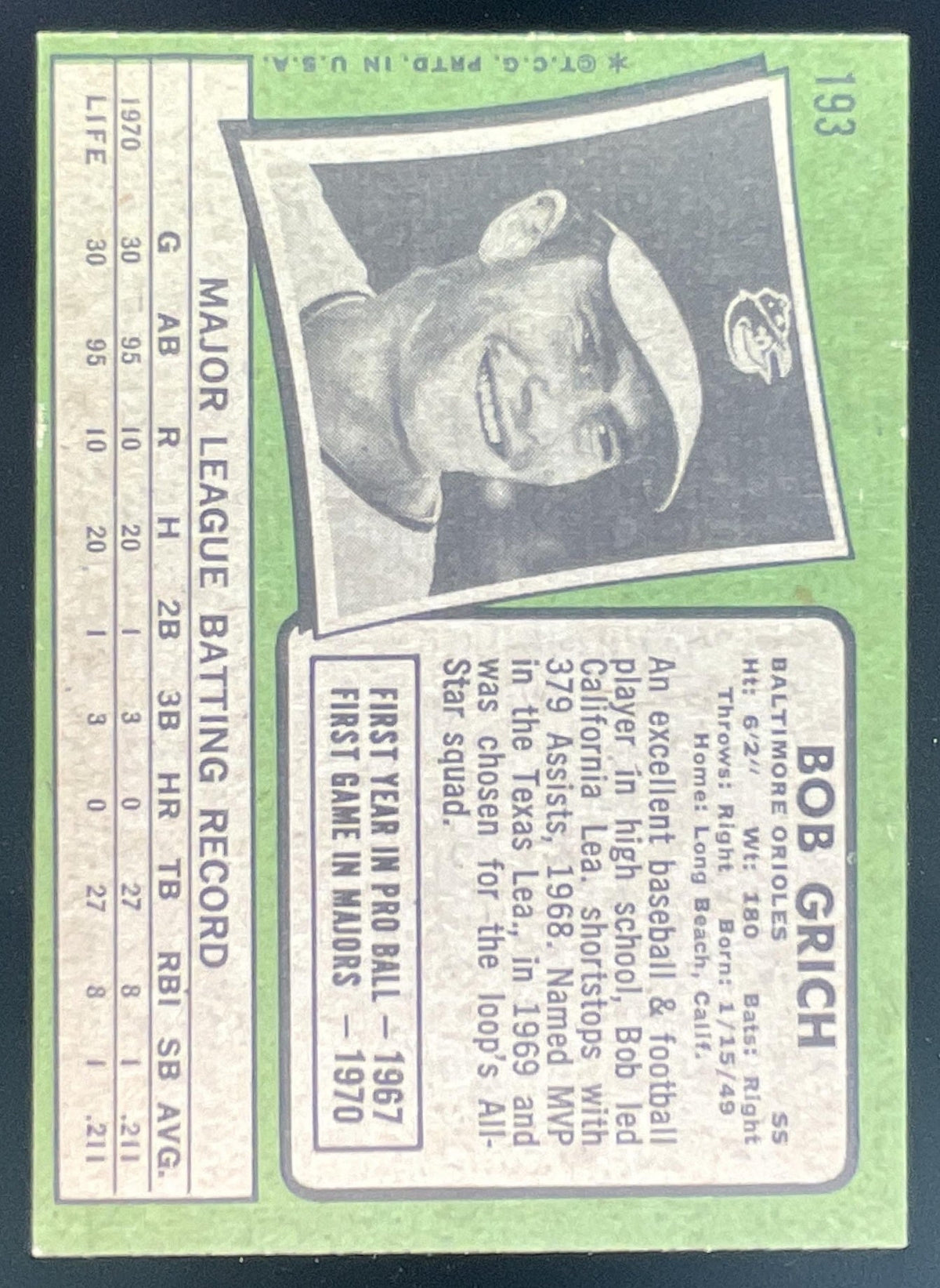 1971 Topps #193 Bob Grich RC product image 2, provided for visual reference and product detail review