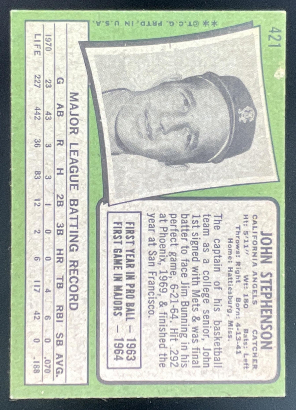 1971 Topps #421 John Stephenson product image 2, provided for visual reference and product detail review