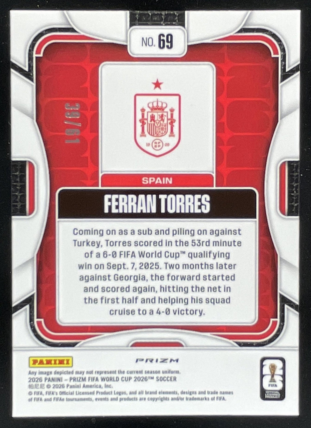2026 Panini Prizm World Cup Panini Logo Prizm #69 Ferran Torres /61 product image 2, provided for visual reference and