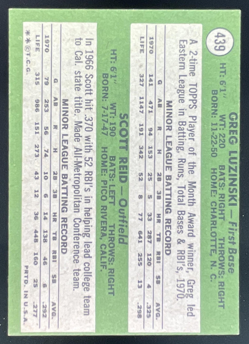 1971 Topps #439 Phillies 1971 Rookie Stars Greg Luzinski Scott Reid RC product image 2, provided for visual reference and