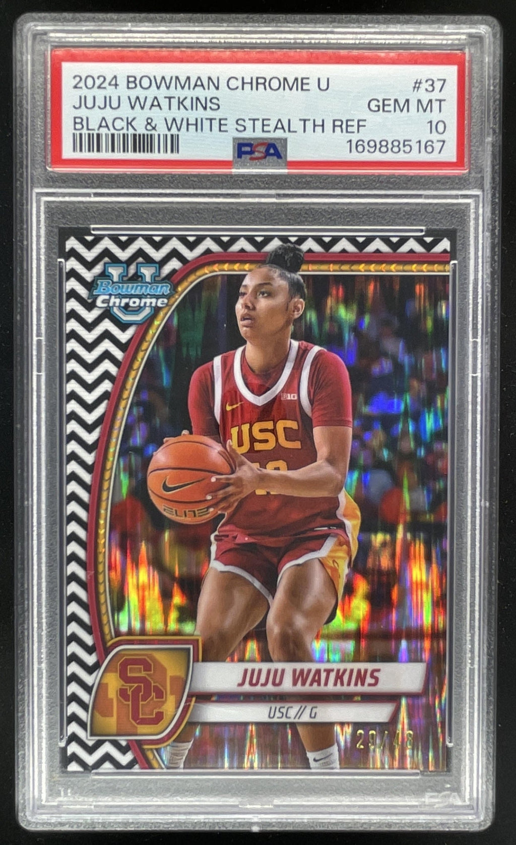 2024-25 Bowman Chrome University Black White Stealth #37 Juju Watkins /48 PSA 10 product image 1, provided for visual