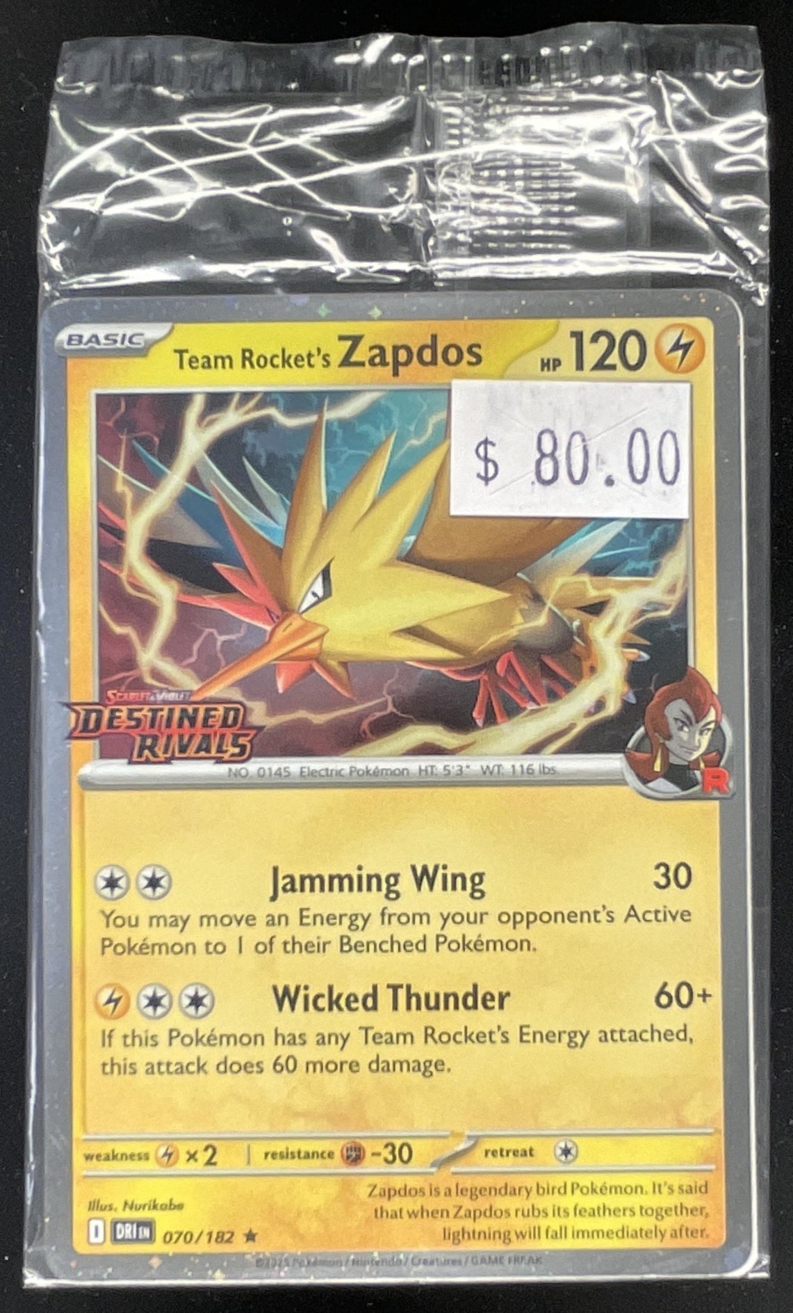 2025 Pokemon Destined Rivals #070/182 Team Rocket's Zapdos product image 1, provided for visual reference and product detail