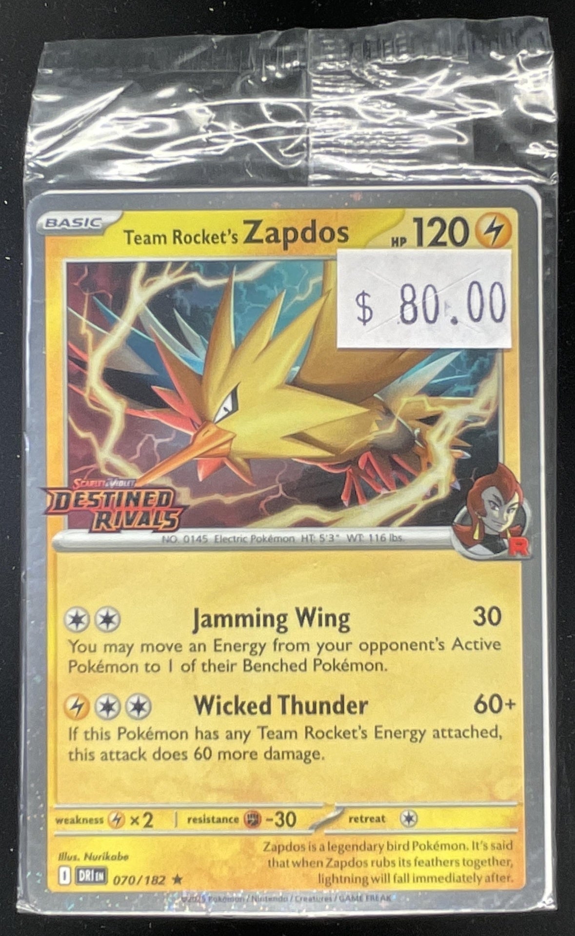 2025 Pokemon Destined Rivals Promos #070/182 Team Rocket's Zapdos Cosmos product image 1, provided for visual reference and