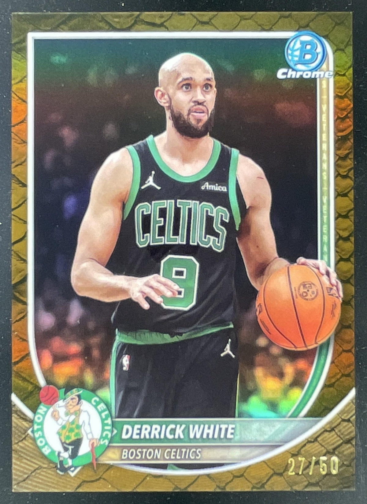 2025-26 Bowman Chrome Reptilian Gold Refractor #BCV-58 Derrick White /50 product image 1, provided for visual reference and