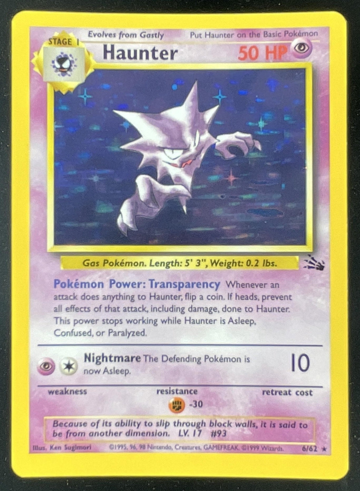 1999 Pokemon Fossil #6/62 Haunter product image 1, provided for visual reference and product detail review