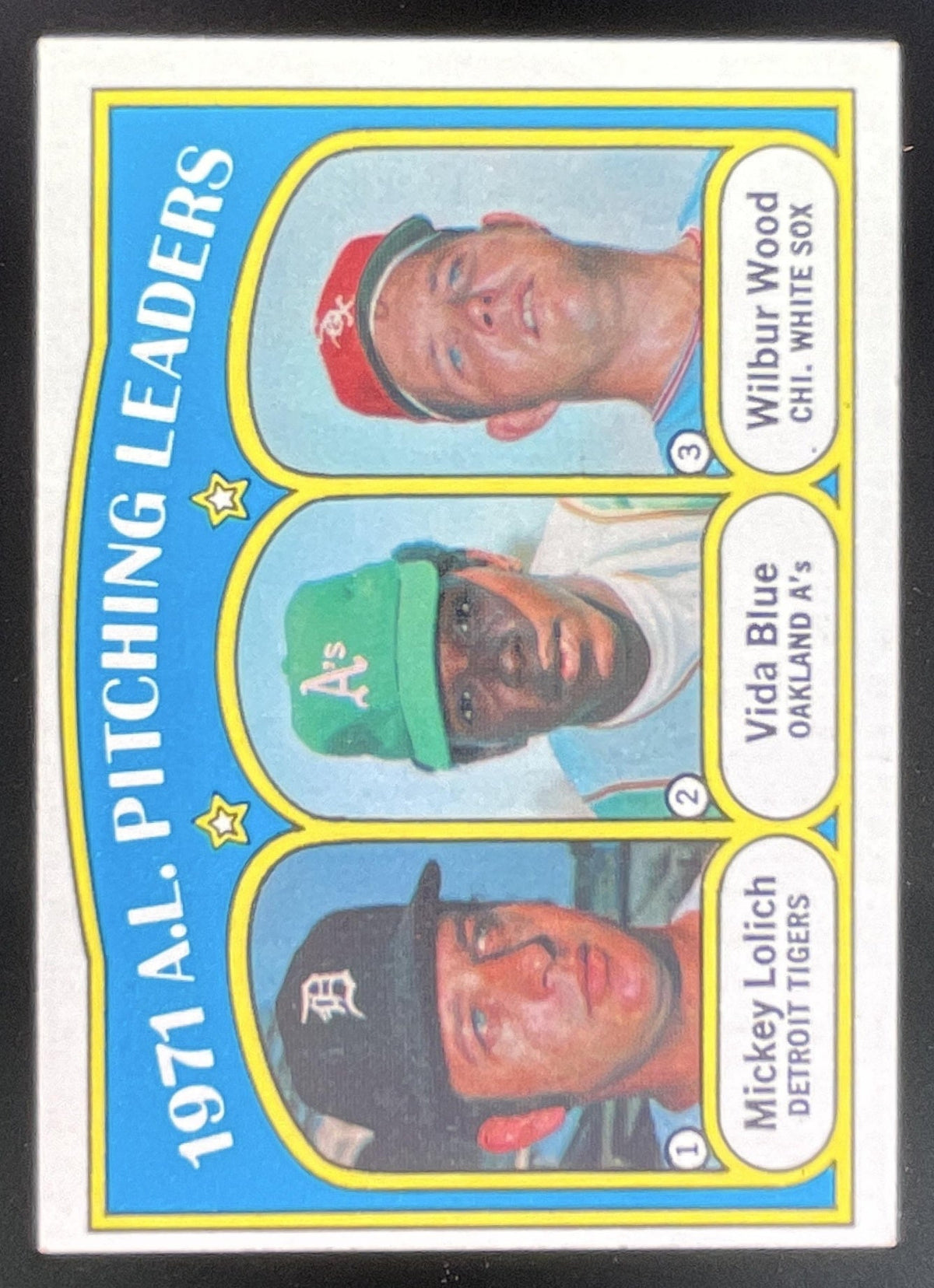 1972 Topps #94 Mickey Lolich Vida Blue Wilbur Wood League Leaders product image 1, provided for visual reference and product
