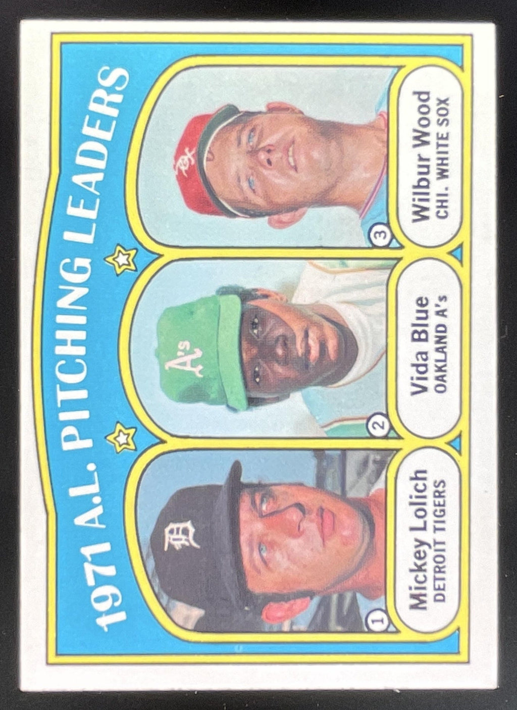 1972 Topps #94 Mickey Lolich Vida Blue Wilbur Wood League Leaders product image 1, provided for visual reference and product