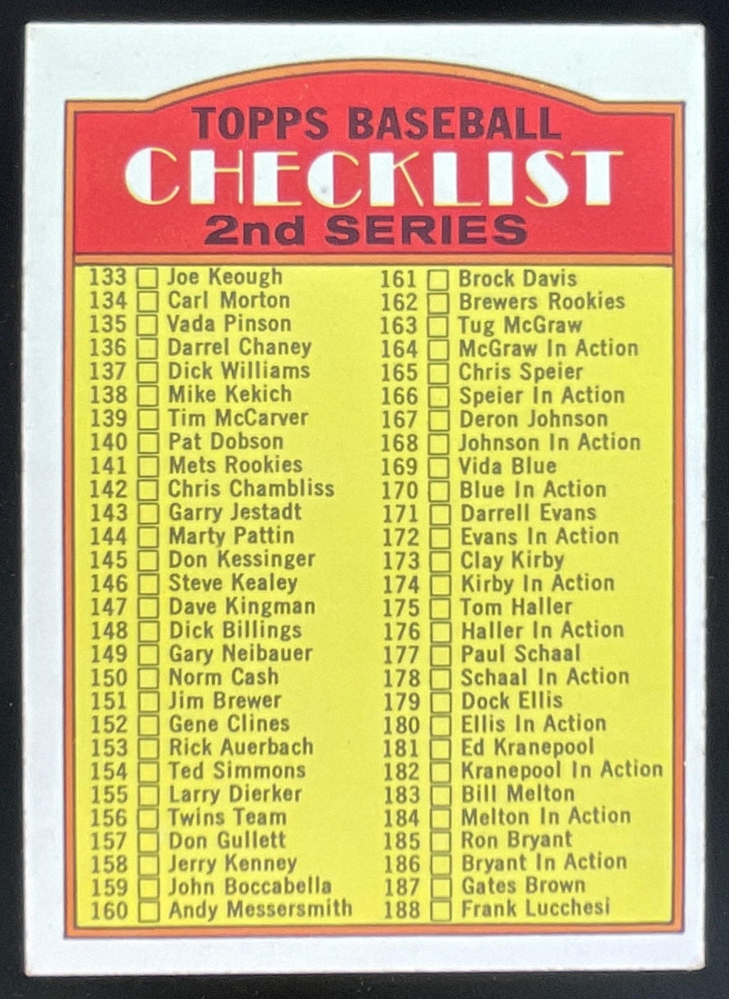 1972 Topps #103 2nd Series Checklist: 133-263 product image 1, provided for visual reference and product detail review